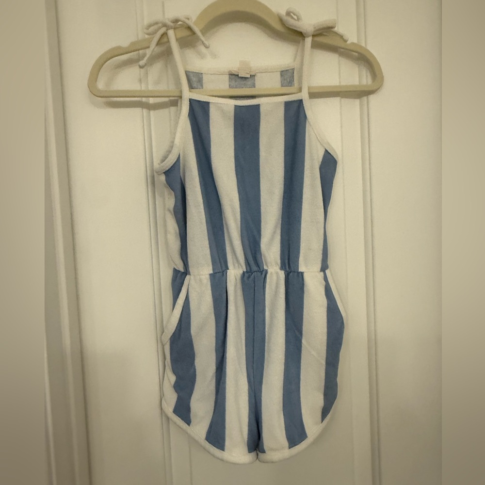 Crewcuts Girls Terry Romper Size 8 Blue White Stripe Bow Strap Beach Cover Up